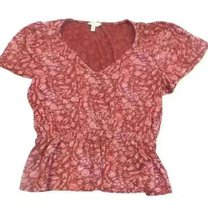 Lucky Brand  Size Med  Maroon Short Sleeve V Neck Peplum Ruffle Cotton Modal